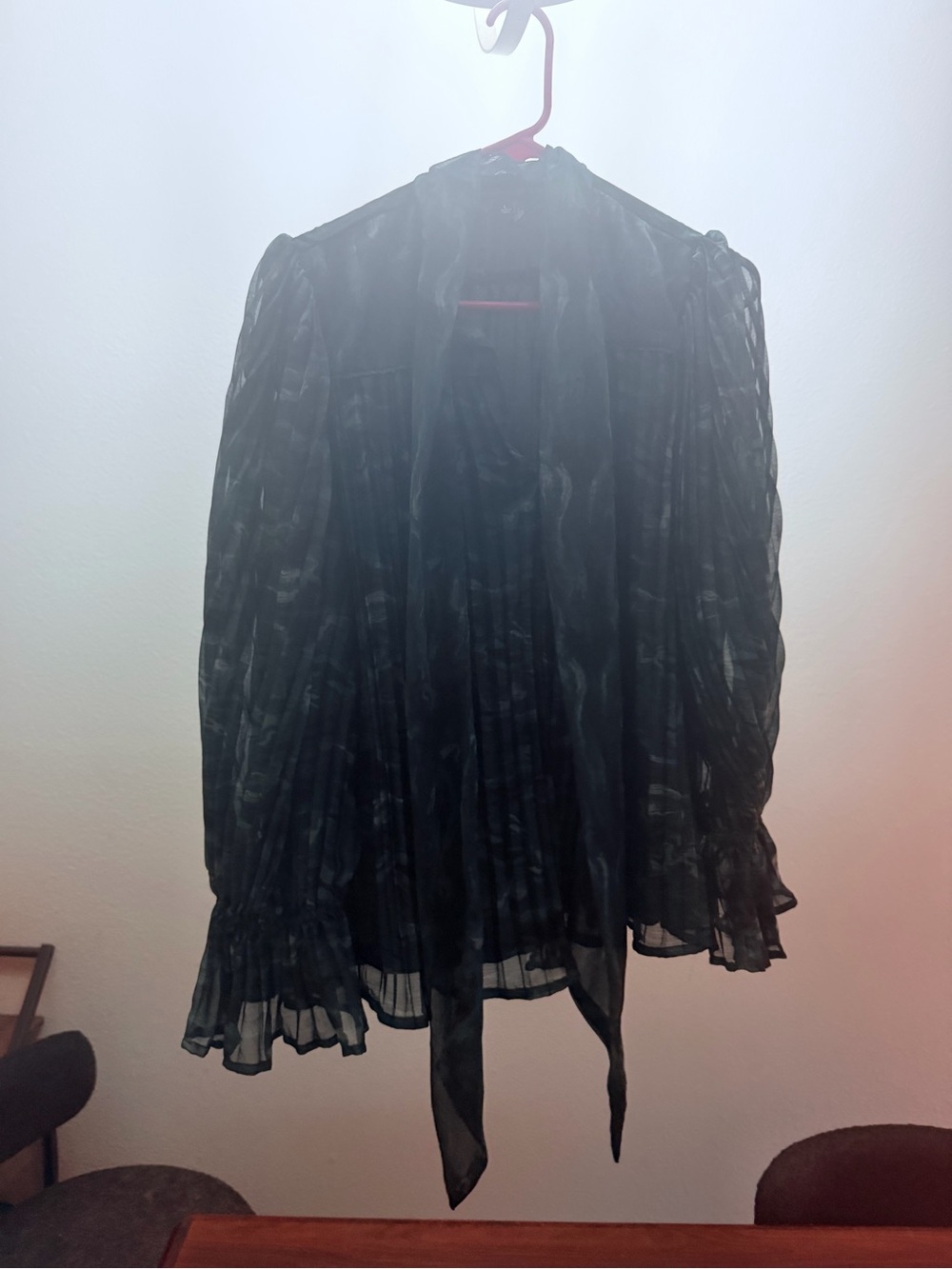 Sheer Dark Gren Ruffled Tie-Neck Blouse